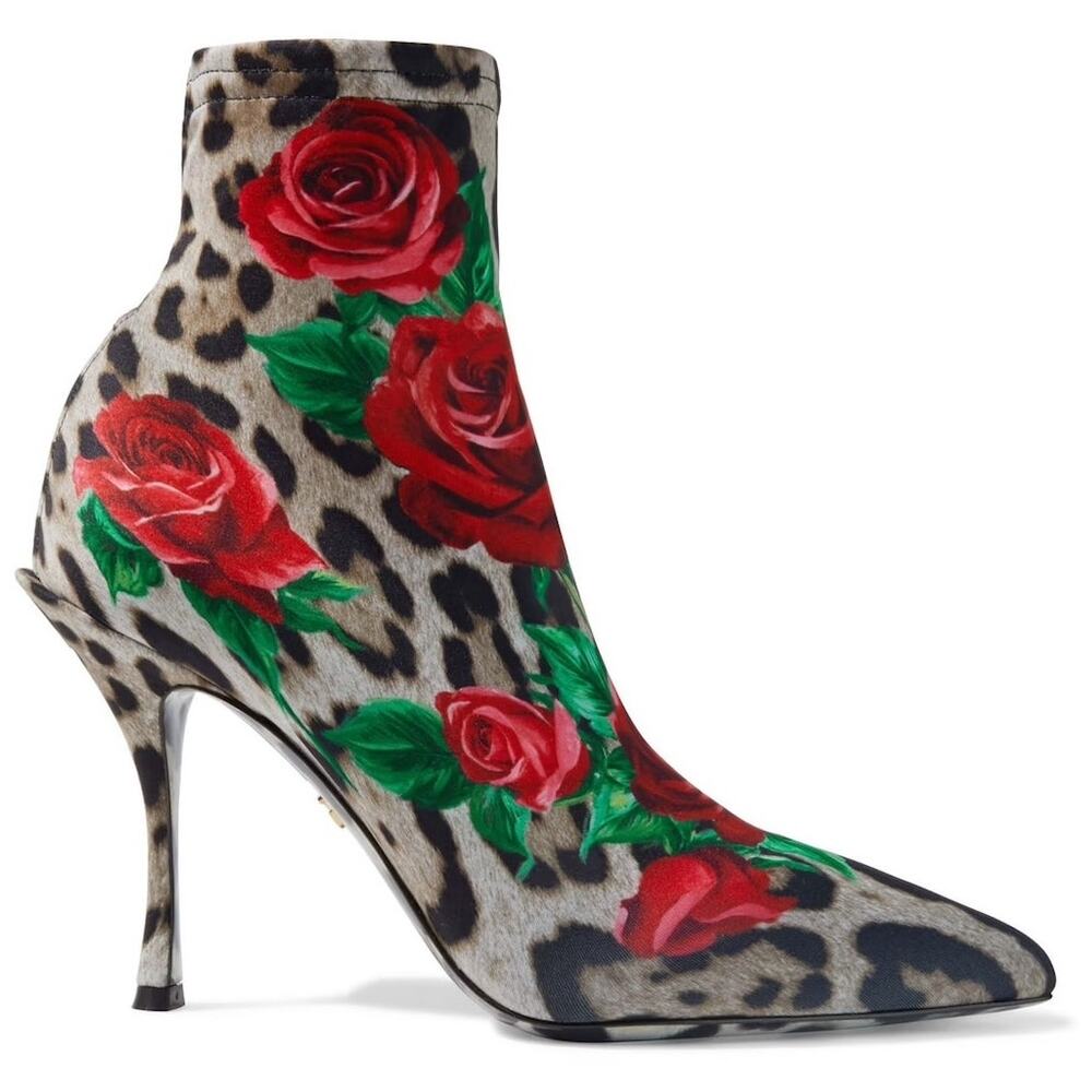 Dolce & Gabbana Floral Leopard Rose Print Stretch booties boots Tan Red 35